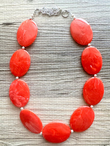 Electric Orange Swirl Single Strand Big Beaded Statement Necklace, orange Jewelry beaded necklace, red bridesmaid necklace jewelry silver