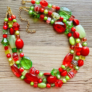 Christmas Necklace, Red Green and Gold Holiday Jewelry, Christmas Jewelry, Red Green Beaded Christmas Gift December Present mom gift