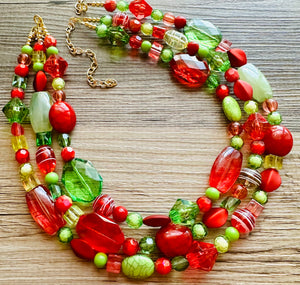 Christmas Necklace, Red Green and Gold Holiday Jewelry, Christmas Jewelry, Red Green Beaded Christmas Gift December Present mom gift