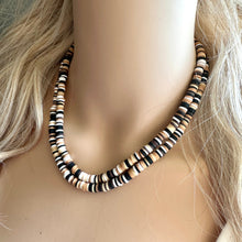 Load image into Gallery viewer, Chocolate Chip Cookie Dough Heishi Beaded Necklace, Colorful Jewelry, Chunky statement beaded black white color block rainbow brown