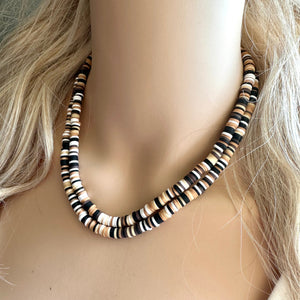 Chocolate Chip Cookie Dough Heishi Beaded Necklace, Colorful Jewelry, Chunky statement beaded black white color block rainbow brown
