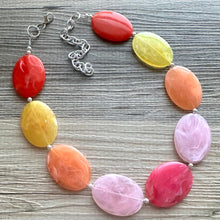 Load image into Gallery viewer, Sangria Swirl Single Strand Big Beaded Statement Necklace, orange Jewelry beaded necklace, pink yellow bridesmaid necklace jewelry silver