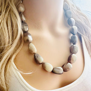 Clouds in My Coffee Shimmer Single Strand Beaded Statement Necklace, bridesmaid jewelry set layering glitter resin earrings brown cream