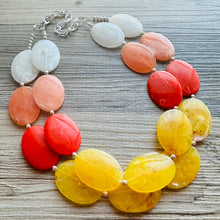 Load image into Gallery viewer, Fall Sunset Statement Necklace, Chunky 2 Strand Jewelry, orange necklace champagne red necklace, red tan cream bib beaded necklace