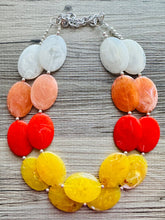Load image into Gallery viewer, Fall Sunset Statement Necklace, Chunky 2 Strand Jewelry, orange necklace champagne red necklace, red tan cream bib beaded necklace