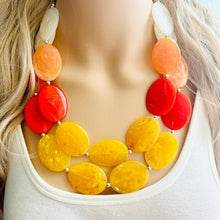 Load image into Gallery viewer, Fall Sunset Statement Necklace, Chunky 2 Strand Jewelry, orange necklace champagne red necklace, red tan cream bib beaded necklace