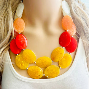 Fall Sunset Statement Necklace, Chunky 2 Strand Jewelry, orange necklace champagne red necklace, red tan cream bib beaded necklace