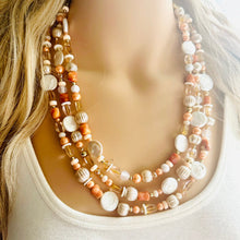 Load image into Gallery viewer, Victorian Coral Pearl Statement Necklace, chunky beaded jewelry, chunky tan champagne necklace, block beaded necklace, lace white cream