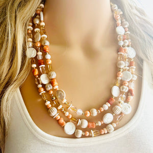 Victorian Coral Pearl Statement Necklace, chunky beaded jewelry, chunky tan champagne necklace, block beaded necklace, lace white cream