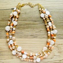 Load image into Gallery viewer, Victorian Coral Pearl Statement Necklace, chunky beaded jewelry, chunky tan champagne necklace, block beaded necklace, lace white cream