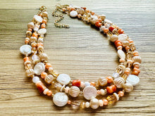 Load image into Gallery viewer, Victorian Coral Pearl Statement Necklace, chunky beaded jewelry, chunky tan champagne necklace, block beaded necklace, lace white cream