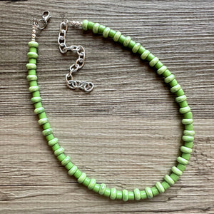 Green Porcelain Block Layering Rainbow Beaded 1 Strand Necklace, Colorful Jewelry, Chunky statement lime, jelly bean confetti Kelly bubble