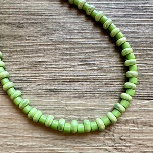 Green Porcelain Block Layering Rainbow Beaded 1 Strand Necklace, Colorful Jewelry, Chunky statement lime, jelly bean confetti Kelly bubble