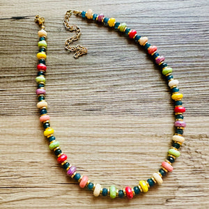 Rainbow Porcelain Block Layering Rainbow Beaded 1 Strand Necklace, Colorful Jewelry, Chunky statement jelly bean confetti silver bubble