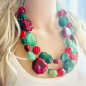 Christmas Necklace, Red Green Holiday Jewelry, Christmas Jewelry, Gold Jewelry, Beaded Gift winter stocking stuffer dressy dress Present