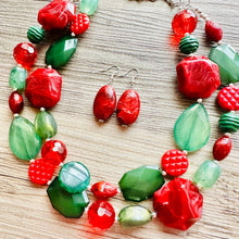 Load image into Gallery viewer, Christmas Necklace, Red Green Holiday Jewelry, Christmas Jewelry, Gold Jewelry, Beaded Gift winter stocking stuffer dressy dress Present