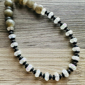 Black White Gray Chunky Long Statement Necklace single Strand Beaded jewelry, bridesmaid bib wedding, white bubble necklace resin