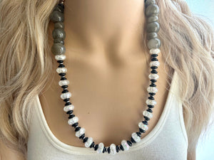 Black White Gray Chunky Long Statement Necklace single Strand Beaded jewelry, bridesmaid bib wedding, white bubble necklace resin