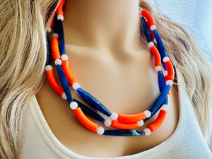 Orange & Blue Smoothie Chunky Statement Necklace, Big beaded jewelry, 3 Strand Statement Necklace, Bib dark blue orange beaded