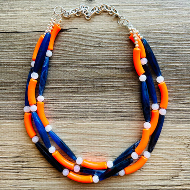 Orange & Blue Smoothie Chunky Statement Necklace, Big beaded jewelry, 3 Strand Statement Necklace, Bib dark blue orange beaded