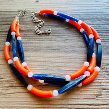 Load image into Gallery viewer, Orange &amp; Blue Smoothie Chunky Statement Necklace, Big beaded jewelry, 3 Strand Statement Necklace, Bib dark blue orange beaded