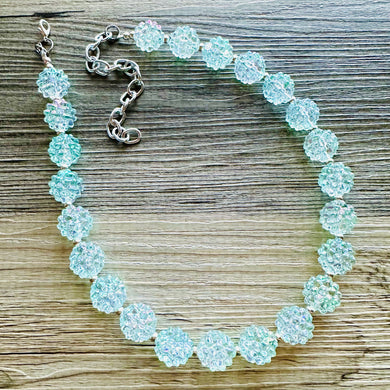 Snow Mirrorball Beaded Chunky Statement Necklace, aqua blue necklace, single silver beaded wedding, bridesmaid jewelry baby blue turquoise