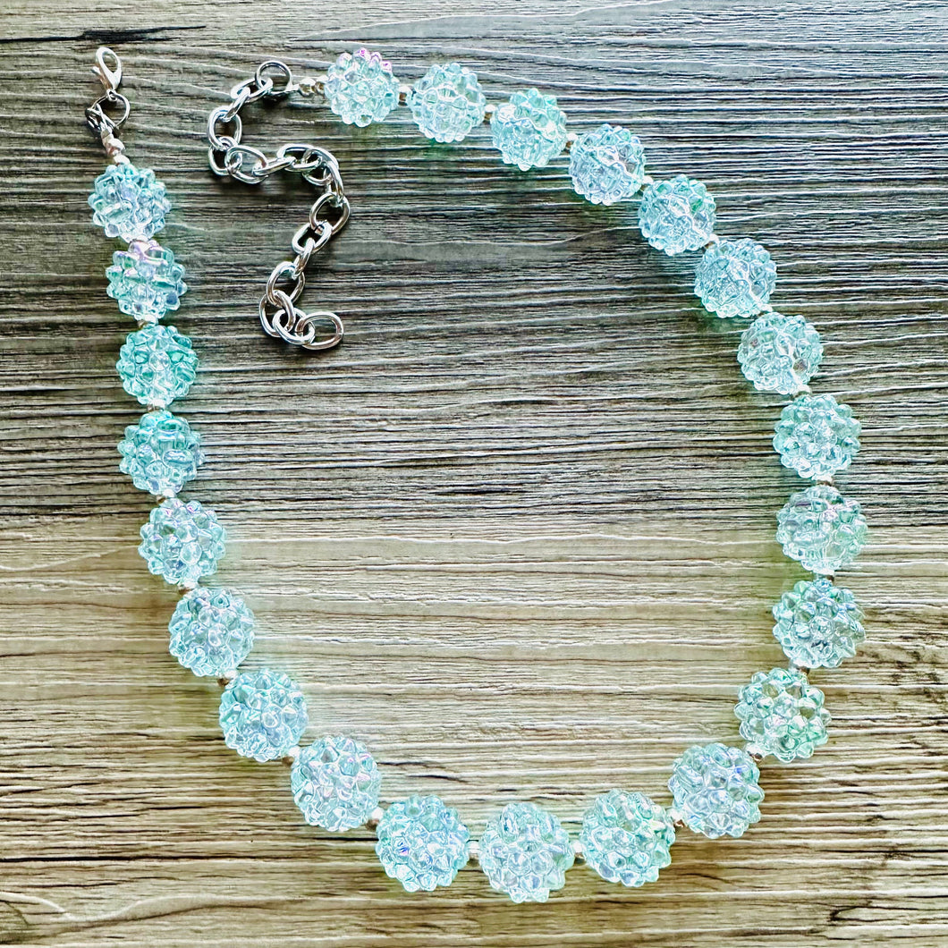 Snow Mirrorball Beaded Chunky Statement Necklace, aqua blue necklace, single silver beaded wedding, bridesmaid jewelry baby blue turquoise