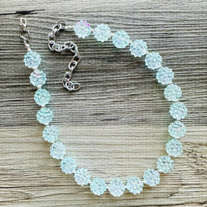 Snow Mirrorball Beaded Chunky Statement Necklace, aqua blue necklace, single silver beaded wedding, bridesmaid jewelry baby blue turquoise
