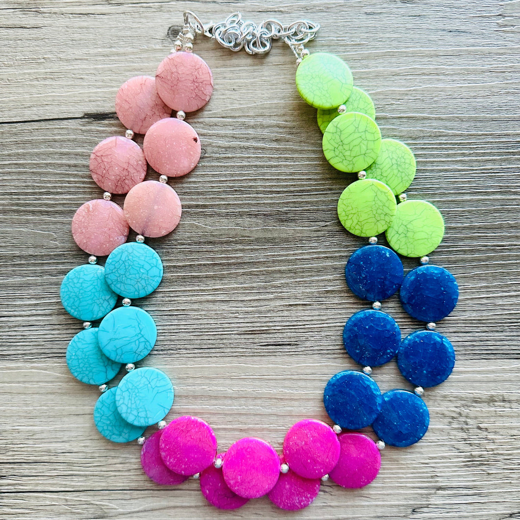 Palisade Summer Sunset Big Bead Necklace, double Strand Statement Jewelry, coral lime green blue Chunky bib bridesmaid everyday jewelry