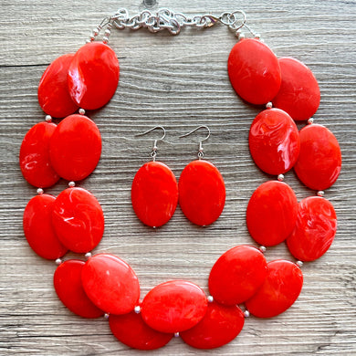 Electric Orange Swirl Double Strand Big Beaded Statement Necklace, orange Jewelry beaded necklace, red bridesmaid necklace jewelry silver