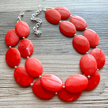 Load image into Gallery viewer, Electric Orange Swirl Double Strand Big Beaded Statement Necklace, orange Jewelry beaded necklace, red bridesmaid necklace jewelry silver