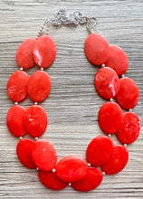 Load image into Gallery viewer, Electric Orange Swirl Double Strand Big Beaded Statement Necklace, orange Jewelry beaded necklace, red bridesmaid necklace jewelry silver
