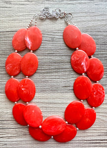 Electric Orange Swirl Double Strand Big Beaded Statement Necklace, orange Jewelry beaded necklace, red bridesmaid necklace jewelry silver