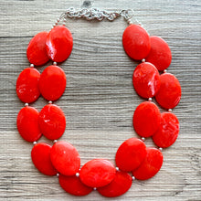 Load image into Gallery viewer, Electric Orange Swirl Double Strand Big Beaded Statement Necklace, orange Jewelry beaded necklace, red bridesmaid necklace jewelry silver