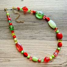 Load image into Gallery viewer, Merry &amp; Bright Long Christmas Necklace, Red Green Gold Holiday Jewelry, Christmas Jewelry, Winter Beaded Gift Christmas Present December