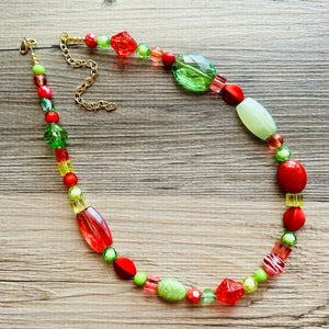 Merry & Bright Long Christmas Necklace, Red Green Gold Holiday Jewelry, Christmas Jewelry, Winter Beaded Gift Christmas Present December