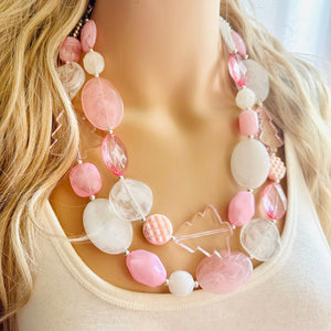 Pink Christmas Beaded Necklace, 2 strand Chunky statement necklace, big beaded necklace jewelry, Blush Girly sparkle silver statement women