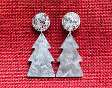 Load image into Gallery viewer, Christmas Drop Earrings, Gray Christmas Tree, Small Holiday Earrings, Holiday Gifts for Her or Christmas Party dangle mosaic earrings silver