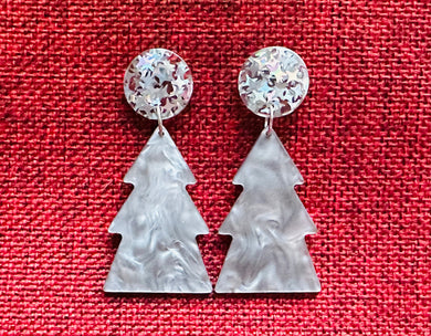 Christmas Drop Earrings, Gray Christmas Tree, Small Holiday Earrings, Holiday Gifts for Her or Christmas Party dangle mosaic earrings silver