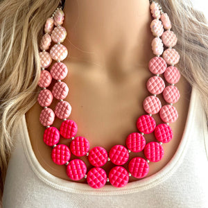 White Blush Magenta Pink Ombre Necklace, Double strand jewelry, big beaded chunky statement, white earrings bead set
