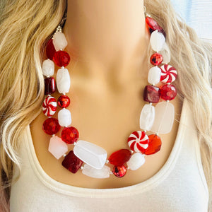 Christmas Candy Cane Necklace, Red & White stripe Holiday Jewelry, Christmas Jewelry, candy Beaded Gift Christmas Present