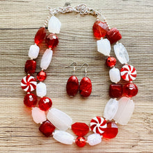 Load image into Gallery viewer, Christmas Candy Cane Necklace, Red &amp; White stripe Holiday Jewelry, Christmas Jewelry, candy Beaded Gift Christmas Present