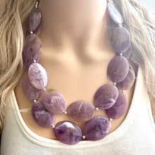 Load image into Gallery viewer, Purple Statement Necklace, Double Strand Chunky Beaded Necklace, purple Jewelry, Spring Jewelry, purple Necklace, swirl brown beaded