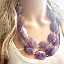 Load image into Gallery viewer, Purple Statement Necklace, Double Strand Chunky Beaded Necklace, purple Jewelry, Spring Jewelry, purple Necklace, swirl brown beaded