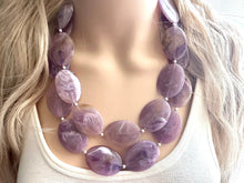 Load image into Gallery viewer, Purple Statement Necklace, Double Strand Chunky Beaded Necklace, purple Jewelry, Spring Jewelry, purple Necklace, swirl brown beaded