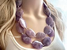 Load image into Gallery viewer, Purple Statement Necklace, Double Strand Chunky Beaded Necklace, purple Jewelry, Spring Jewelry, purple Necklace, swirl brown beaded