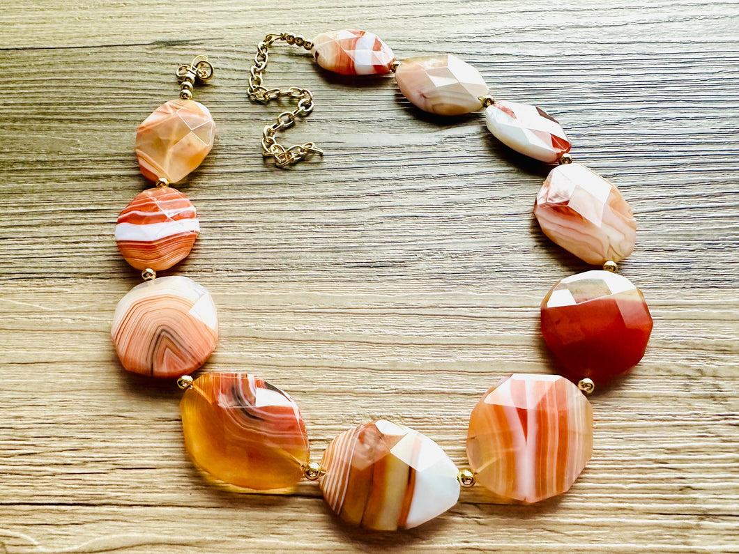 Natural Striped carnelian Beaded 1 strand Statement Necklace, Chunky Bib Single Light orange stone jewelry, gemstone layering red cream gold