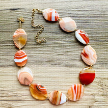 Load image into Gallery viewer, Natural Striped carnelian Beaded 1 strand Statement Necklace, Chunky Bib Single Light orange stone jewelry, gemstone layering red cream gold