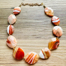 Load image into Gallery viewer, Natural Striped carnelian Beaded 1 strand Statement Necklace, Chunky Bib Single Light orange stone jewelry, gemstone layering red cream gold