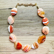 Load image into Gallery viewer, Natural Striped carnelian Beaded 1 strand Statement Necklace, Chunky Bib Single Light orange stone jewelry, gemstone layering red cream gold